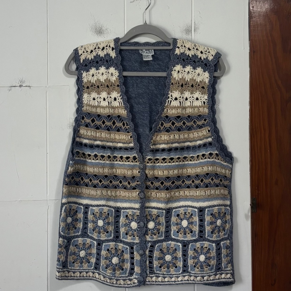 Koret Vintage Crochet Knit Vest Blue Granny Square Boho Women Large